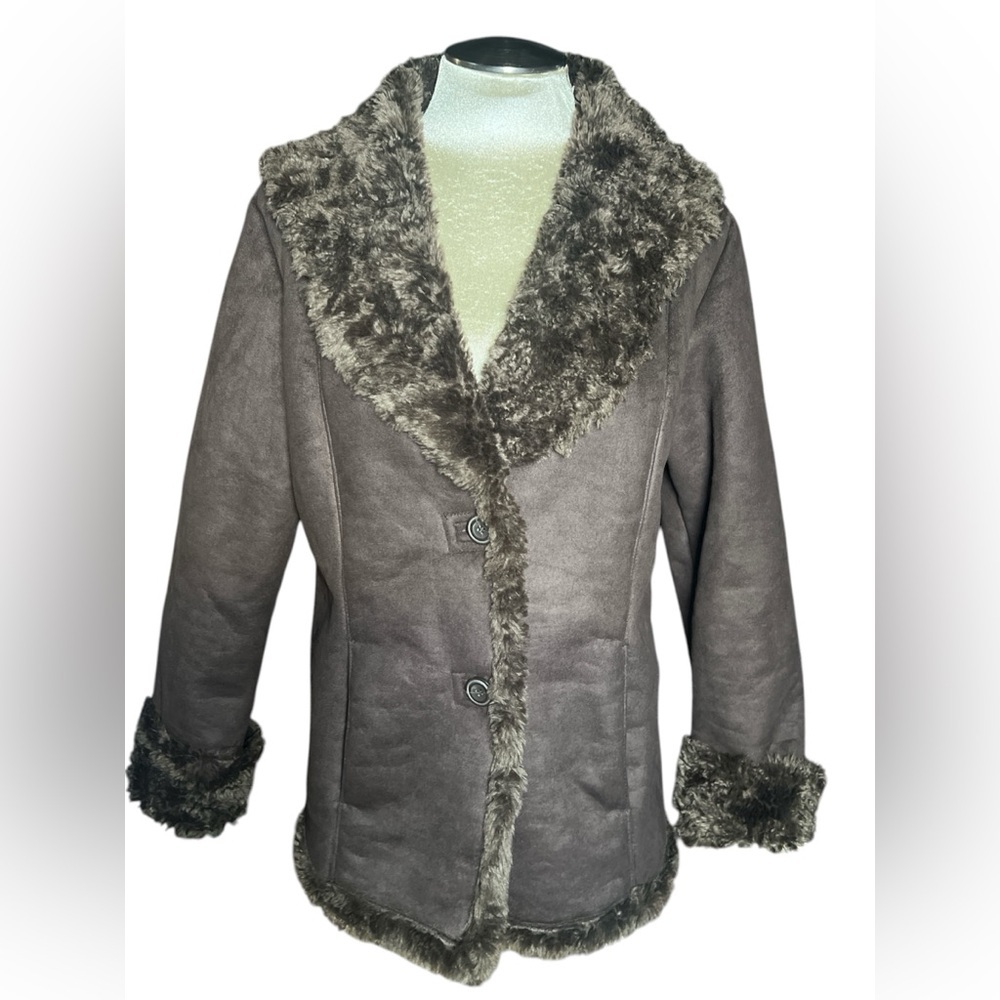 St John’s Bay Faux suede faux Fur peny lane coat  brown mocha women’s L